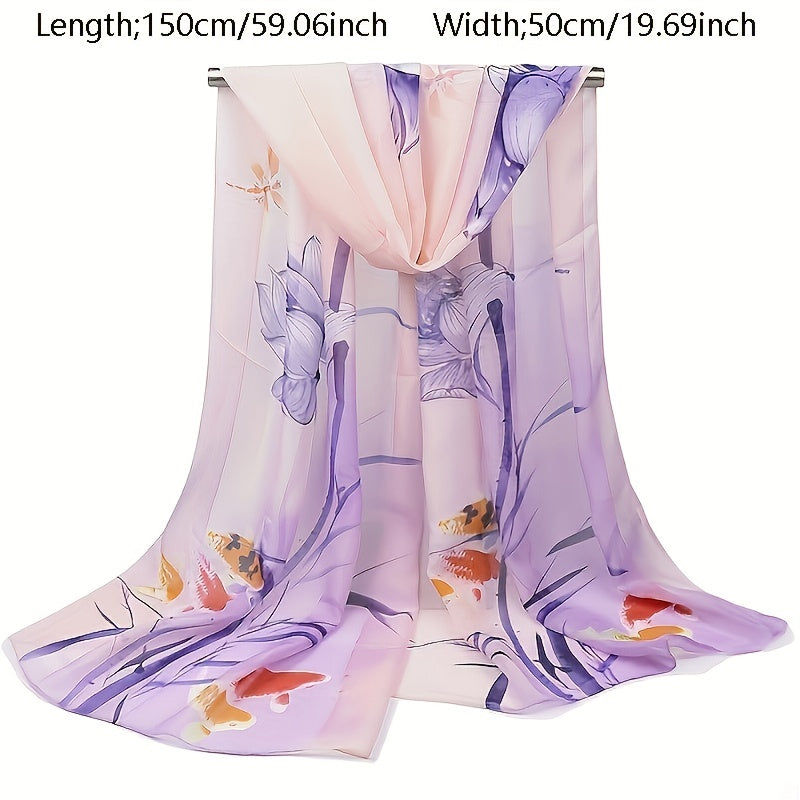 Lotus Printed Chiffon Silky Scarf Long Shawl Beach Scarf