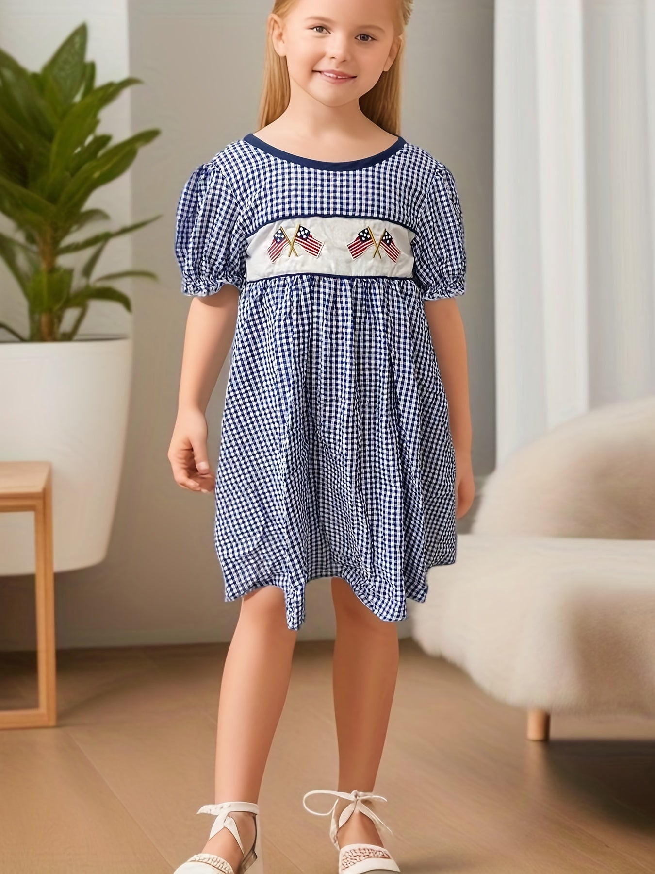 Toddler Girls Plaid Short Sleeve Embroidery Crew Neck Dress