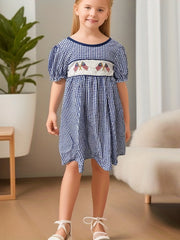 Toddler Girls Plaid Short Sleeve Embroidery Crew Neck Dress