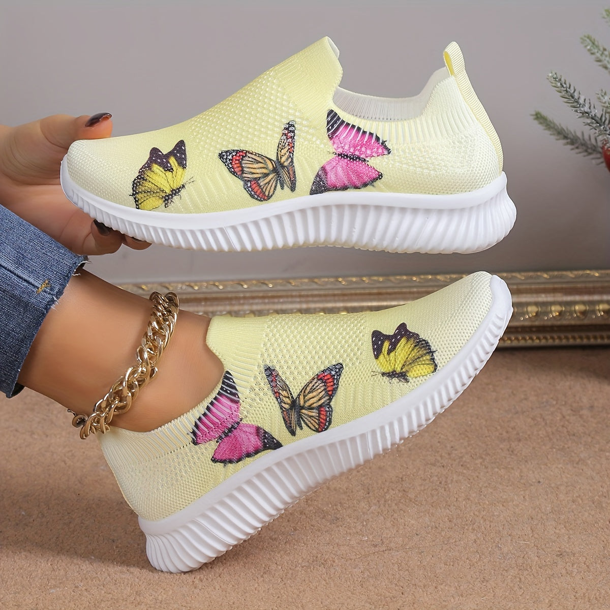 Women's Butterfly & Floral Pattern Mesh Tennis Sports Shoes Lightweight