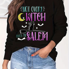 Halloween Witch Print Loose Sweatshirt Casual Long Sleeve Crew Neck