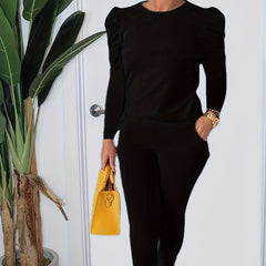 Solid Gigot Sleeve Top & Leggings Two Piece Set