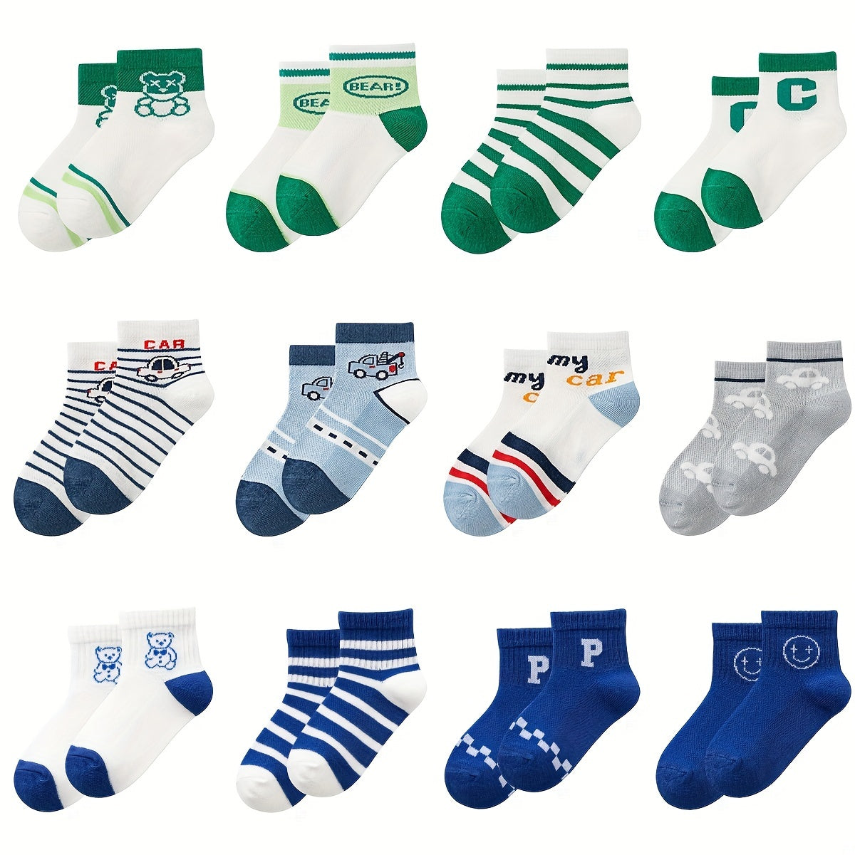 Boys Cartoon Car Striped Bear Smile Face Crew Socks