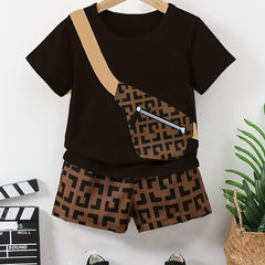 Boys Messenger Bag Print T Shirt & Geometry Print Shorts Set