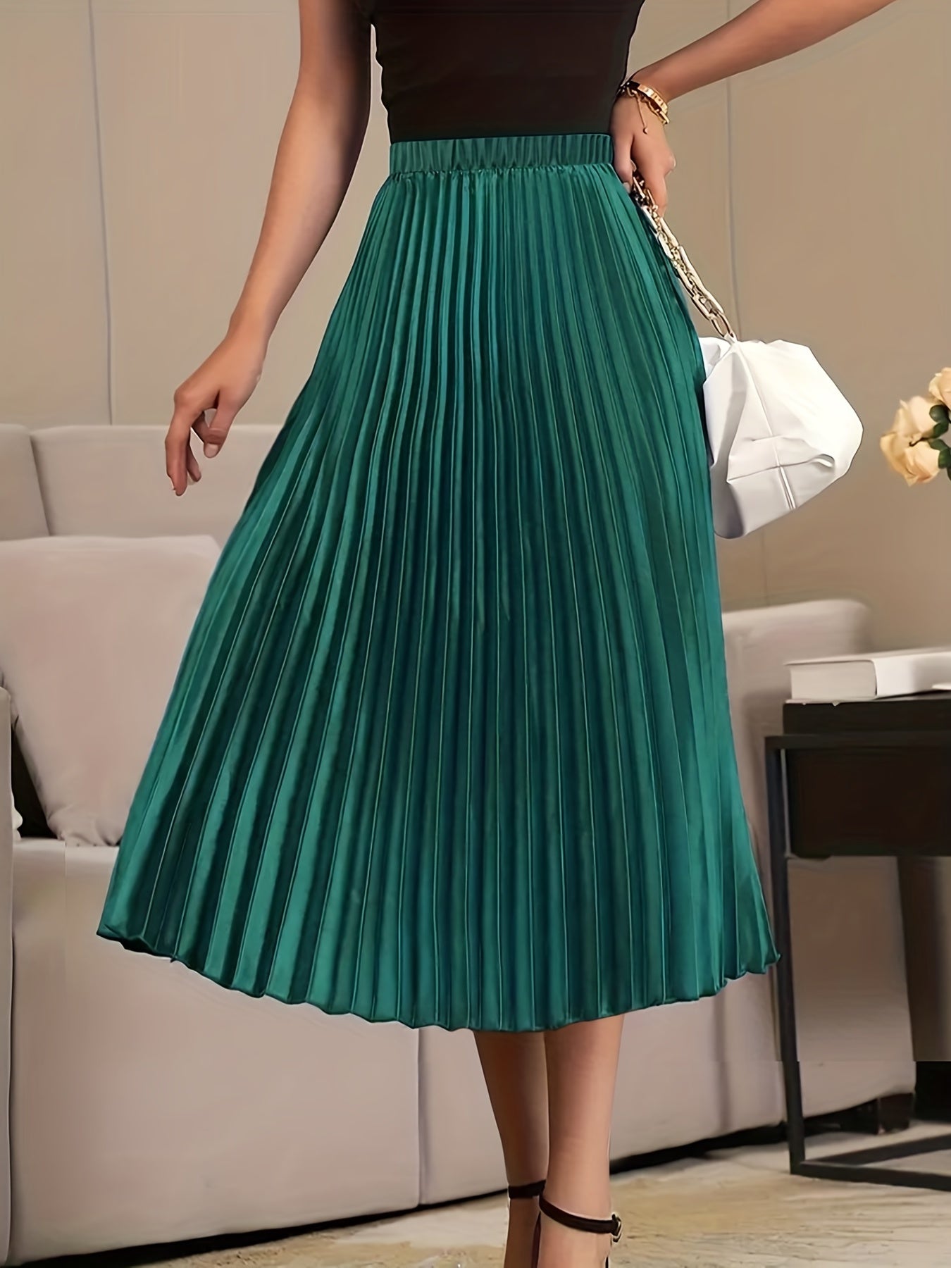 Maxi Pleated Skirt Elastic High Rise Solid Color