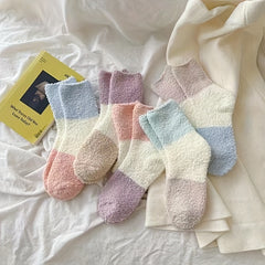5 Pairs Colorblock Fuzzy Socks - Warm Home Floor Socks Women's Stockings