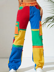 High Waist Colorblock Straight Jeans for Women