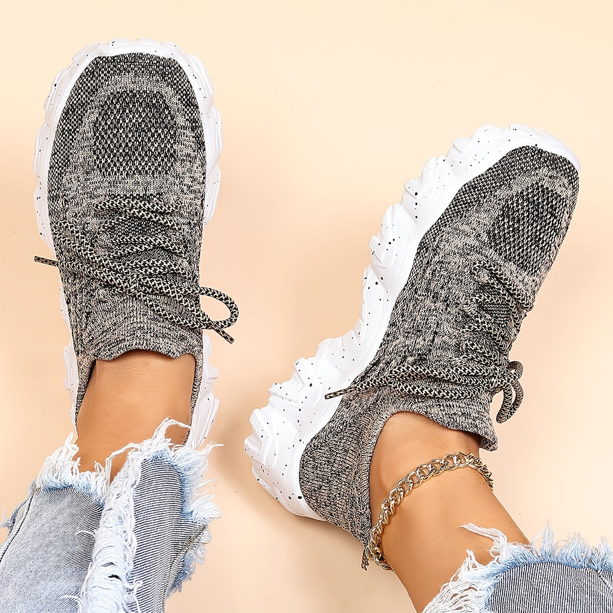 Women's Platform Knit Sneakers Low Top Lace Up Casual Shoes