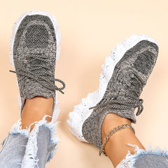 Women's Platform Knit Sneakers Low Top Lace Up Casual Shoes
