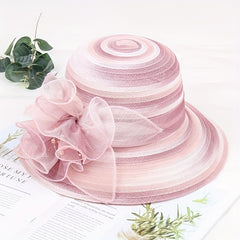 Candy Striped Sun Hat Rolled Brim Organza Flower Decor Bucket Hat