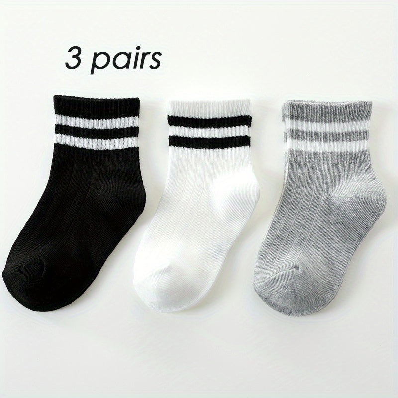 3 Pairs Boys Kids Striped Solid Socks For School Students Breathable Comfy