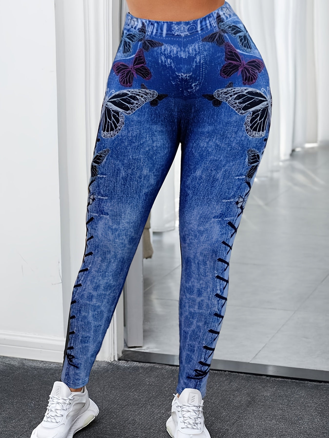 Butterfly Print Jeggings High Waist Slim Fit Long Length