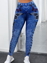 Butterfly Print Jeggings High Waist Slim Fit Long Length