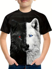 Boys' Wolf Graphic T Shirt: Breathable & Stretchy Tee for Outdoor Fun