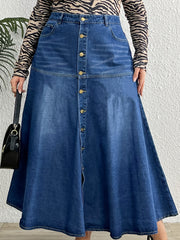 High Rise Maxi Denim Skirt Button Up Washed Casual Women's Plus