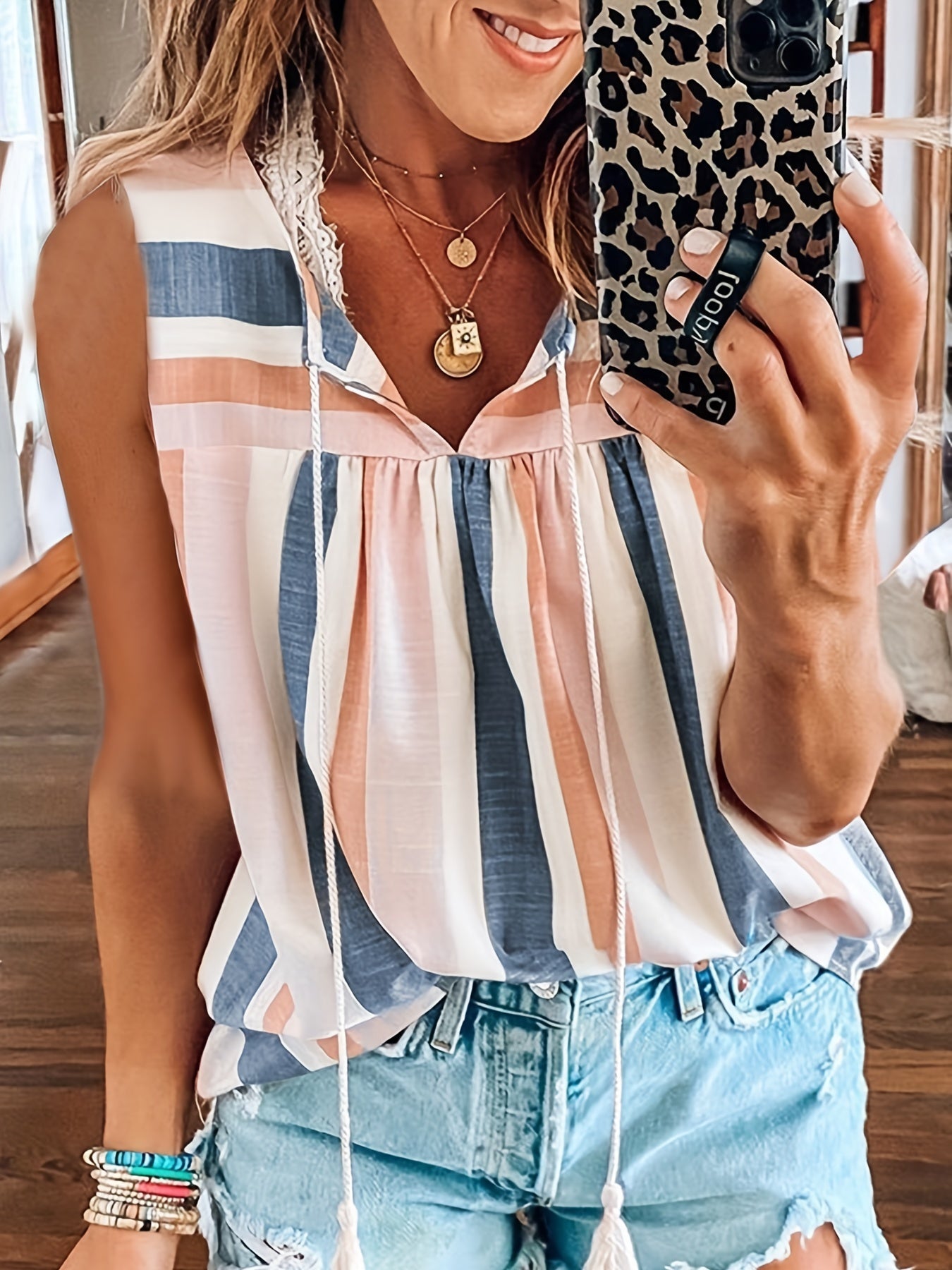Striped Tank Top Drawstring Sleeveless Blouse