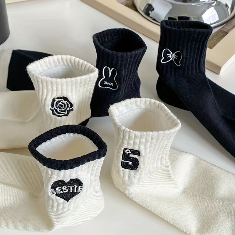 5 Pairs Floral & Heart Print Crew Socks Women's Stockings