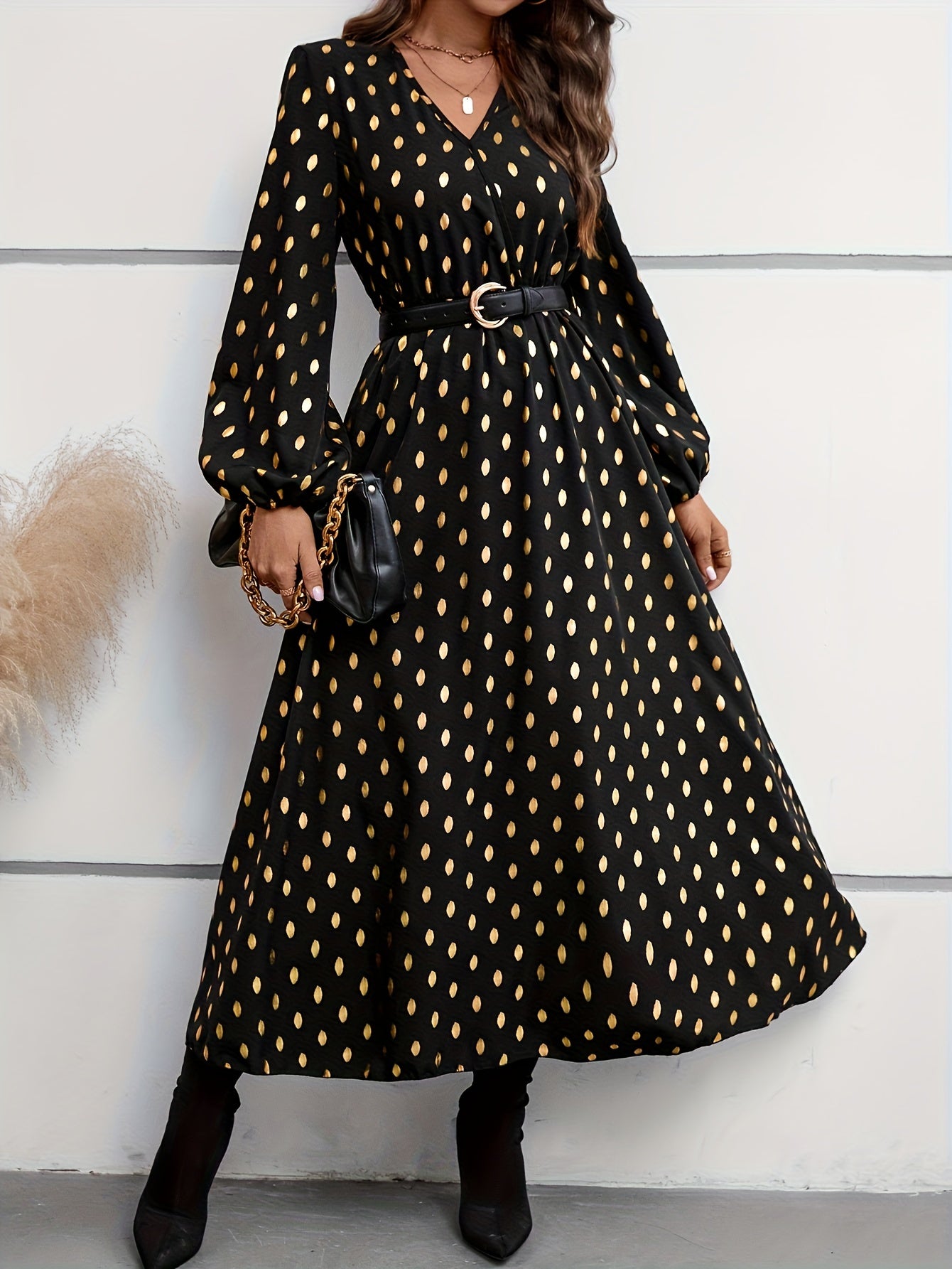 Golden Dot Print Lantern Sleeve V Neck Maxi Dress