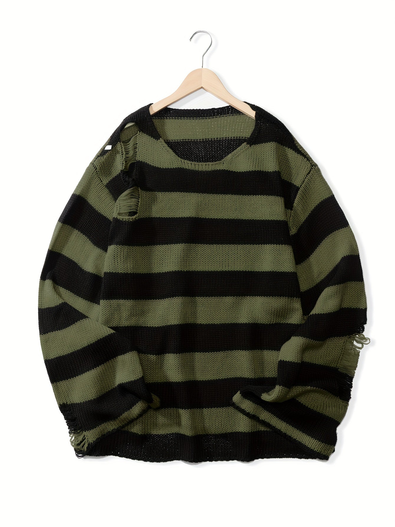 Knitted Ripped Striped Sweater Men's Warm Pullover for Fall Winter