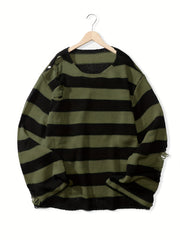 Knitted Ripped Striped Sweater Men's Warm Pullover for Fall Winter