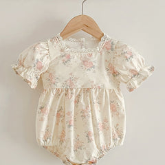 Baby Girl Ruffle Floral Romper With Lace Up Neck