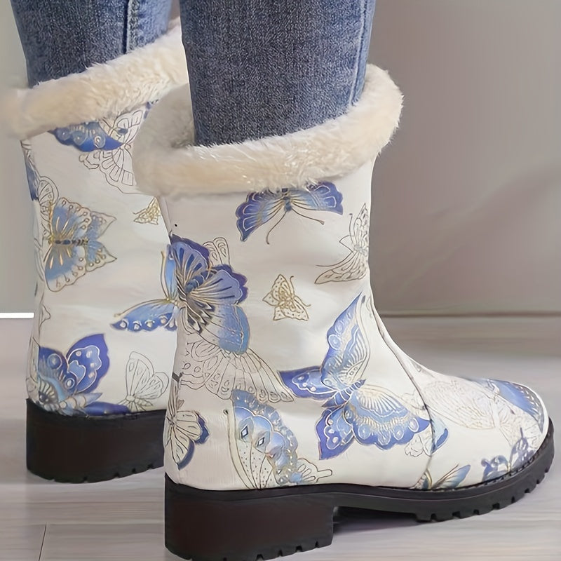 Women's Butterfly Pattern Fleece Lining Winter Mid Calf Boots