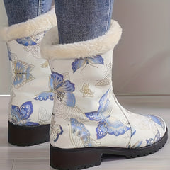 Women's Butterfly Pattern Fleece Lining Winter Mid Calf Boots