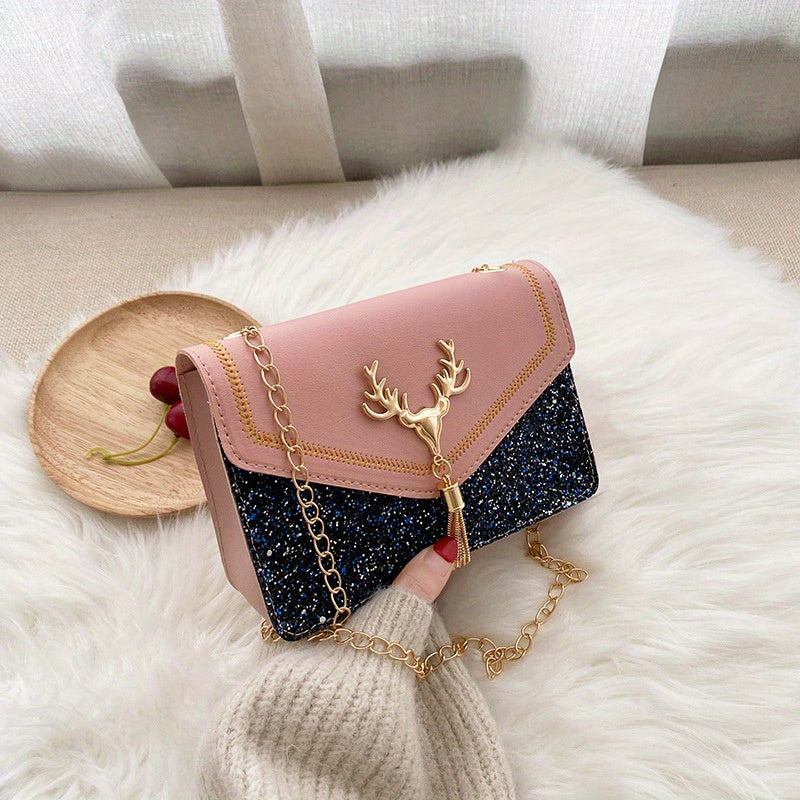 Colorblock Sequin Flap Bag with Charm and Tassel Detail