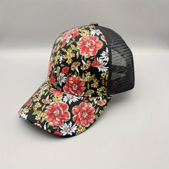 Red Flower Print Trucker Hat Vintage Hot Stamping Sunshade Baseball Cap