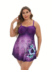 Floral Paisley Print Scoop Neck Ruched Front Swimsuit Set