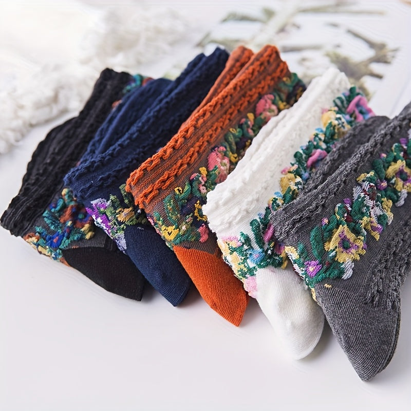 5 Pairs Floral Print Socks Mid Tube Women's Stockings Hosiery
