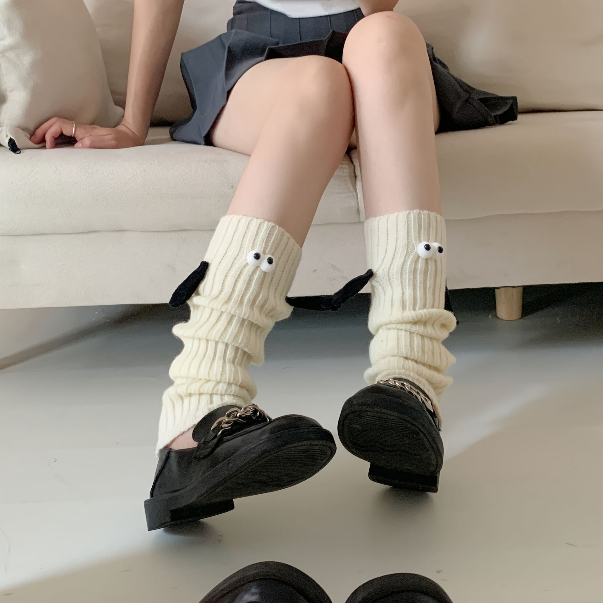 Cartoon Eyes Hand In Hand Leg Warmers Knee High Socks Women's Stockings