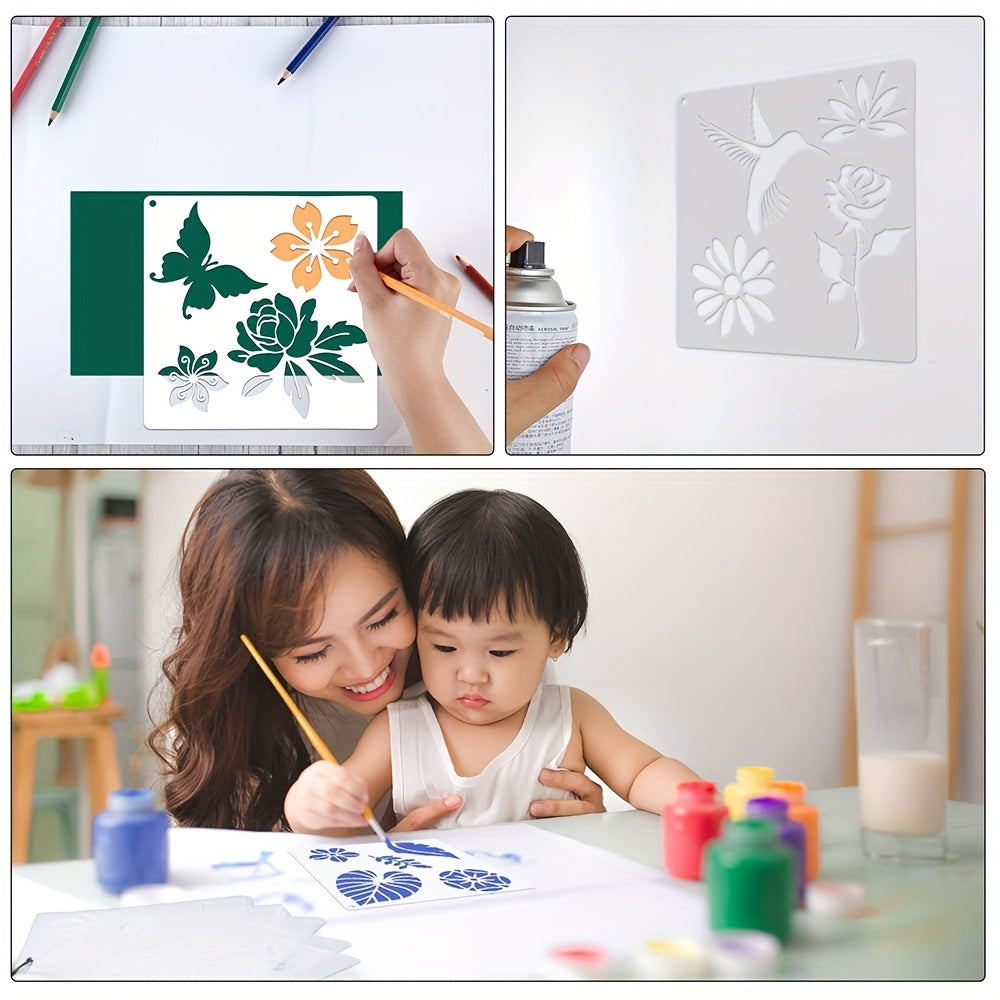 16pcs Reusable Flower Stencils with Metal Ring - DIY Painting Templates