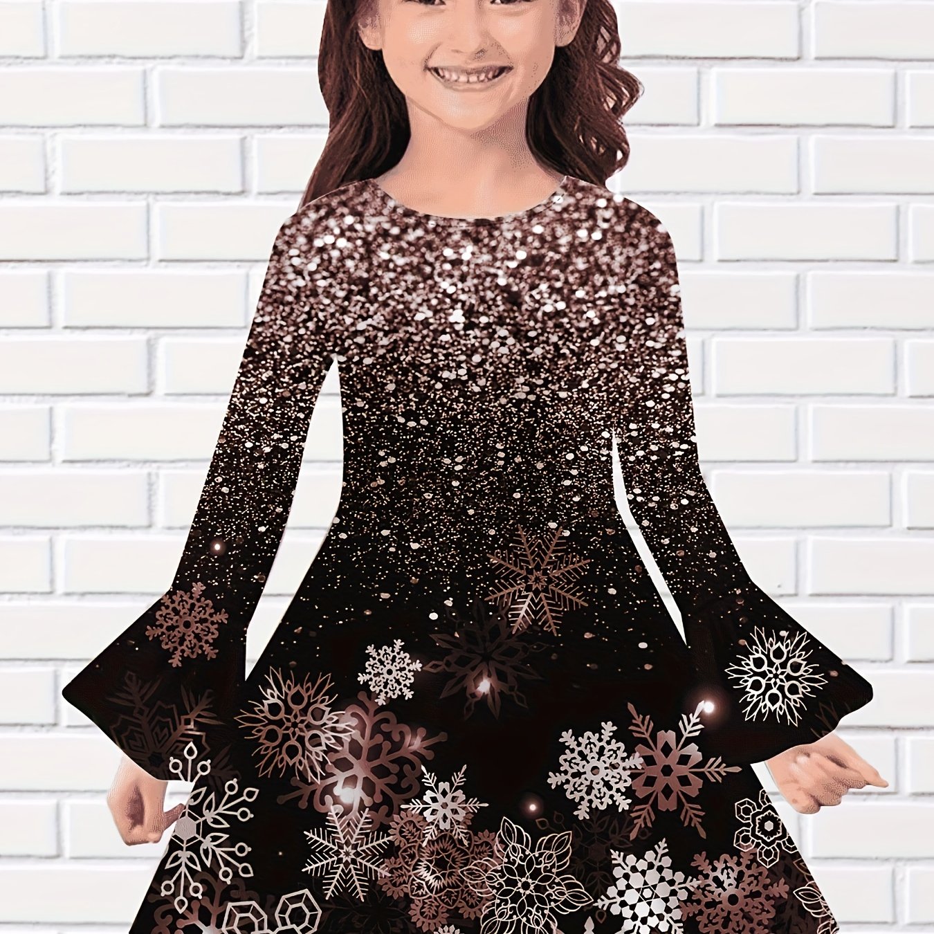 Girls Snowflake Graphic Sequin Print Flare Sleeve Dress Comfy Dresses