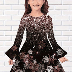 Girls Snowflake Graphic Sequin Print Flare Sleeve Dress Comfy Dresses