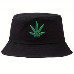Leaf Embroidery Bucket Hat Cotton Solid Basin Hat