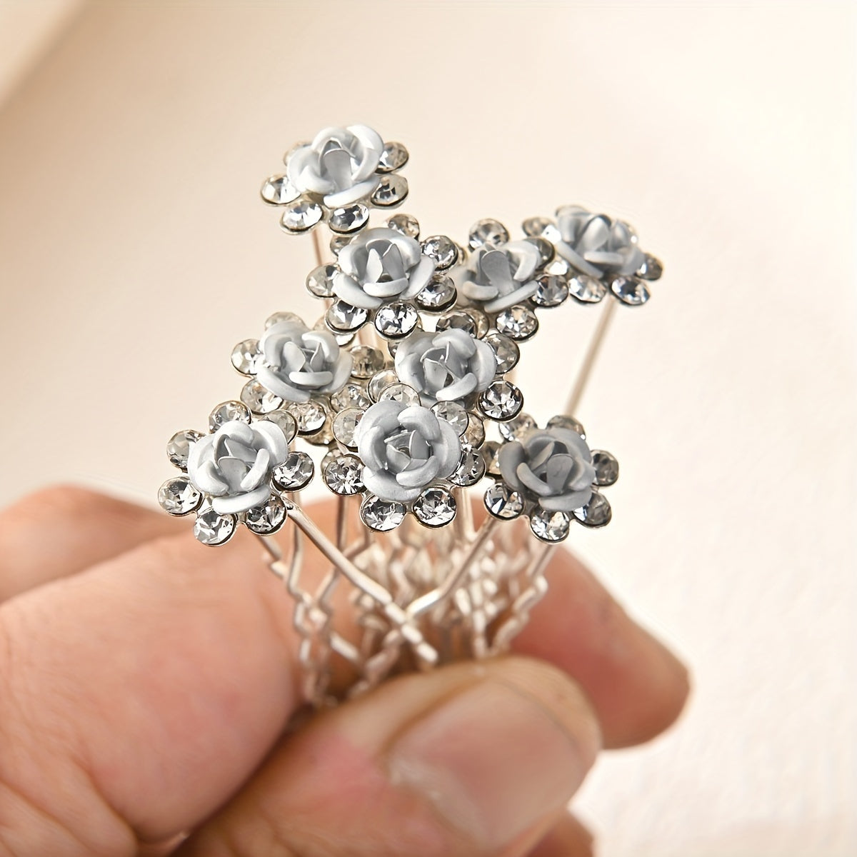 U Shaped Hair Clips Set with Rhinestones & Roses for Bridal & Everyday