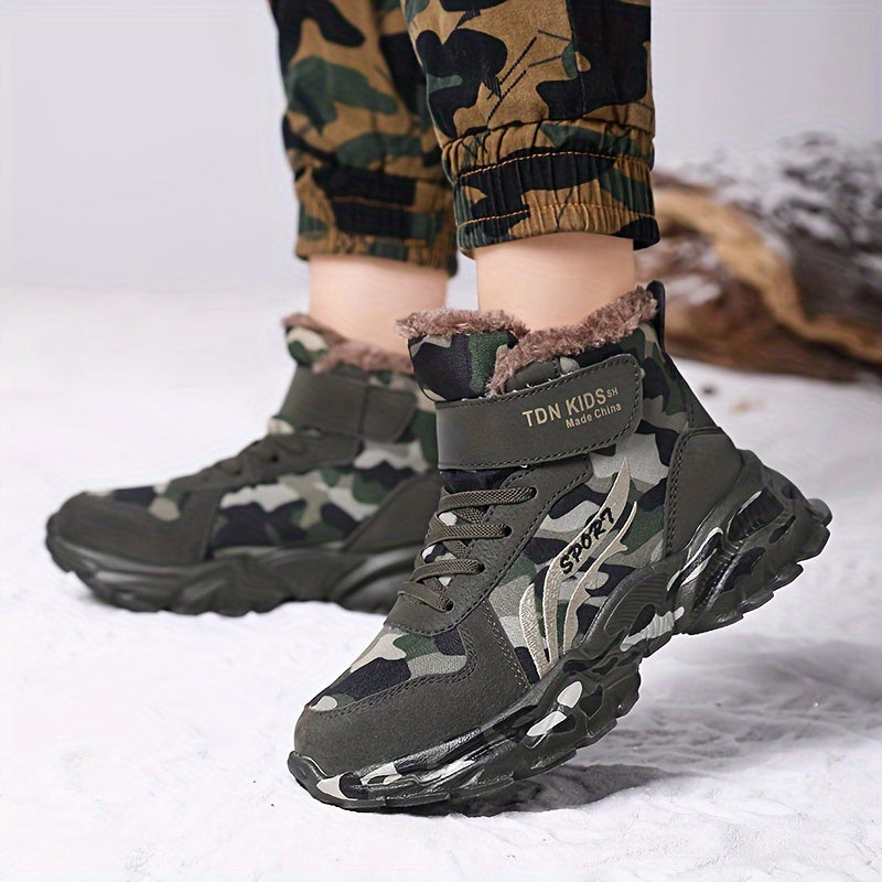 Boy's High Top Camo Hiking Boots Plush Lining Warm Non Slip