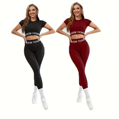 Letter Printed Short Sleeve and Leggings Set for Yoga