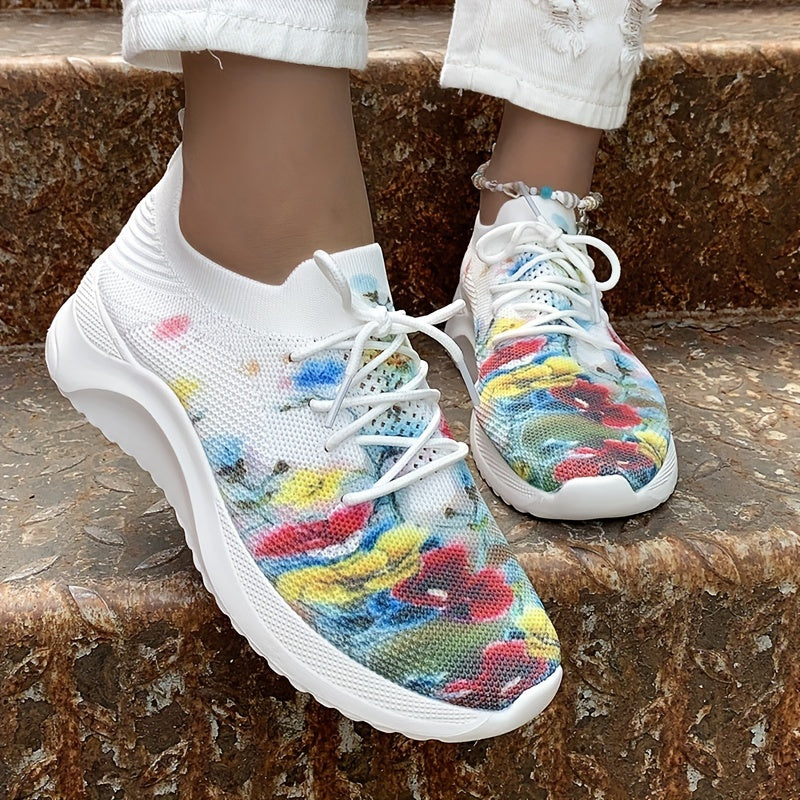 Floral Print Sock Sneakers Lace Up Low Top Sports Shoes
