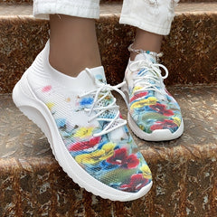 Floral Print Sock Sneakers Lace Up Low Top Sports Shoes