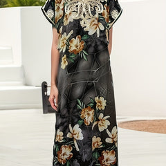 Floral Print Embroidered Bat Sleeve V Neck Maxi Jalabiya Dress