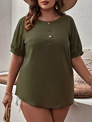 Casual Top Women's Plus Plain Short Sleeve Button Tee