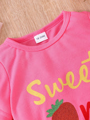 2pcs Girls Strawberry Graphic T Shirt Top & Glitter Tape Mesh Skirt Set