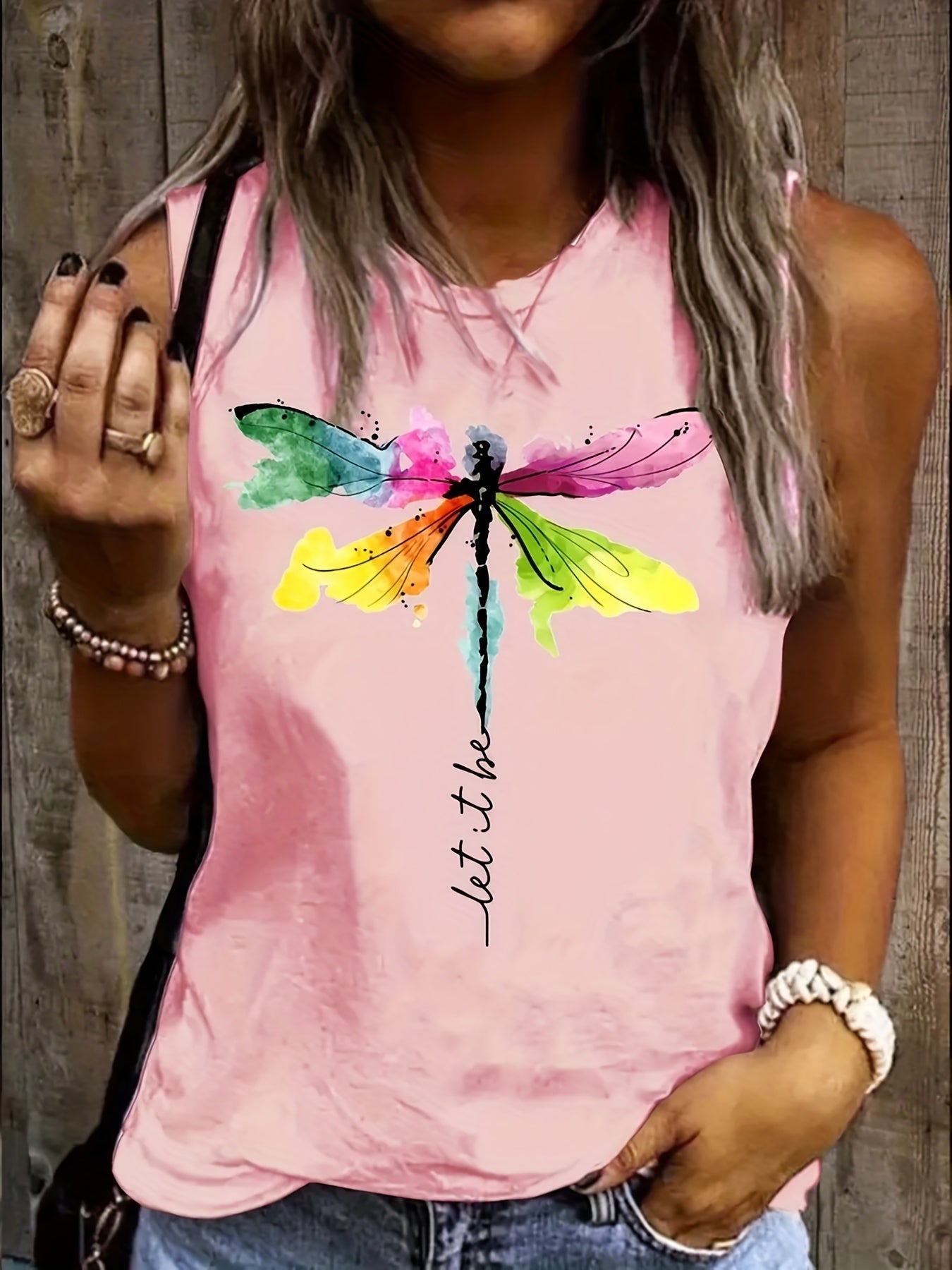 Dragonfly Print Tank Top Sleeveless Crew Neck Casual Tops