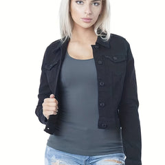 Long Sleeve Cropped Denim Jackets Button Closure Flap Pockets Denim Short Coats