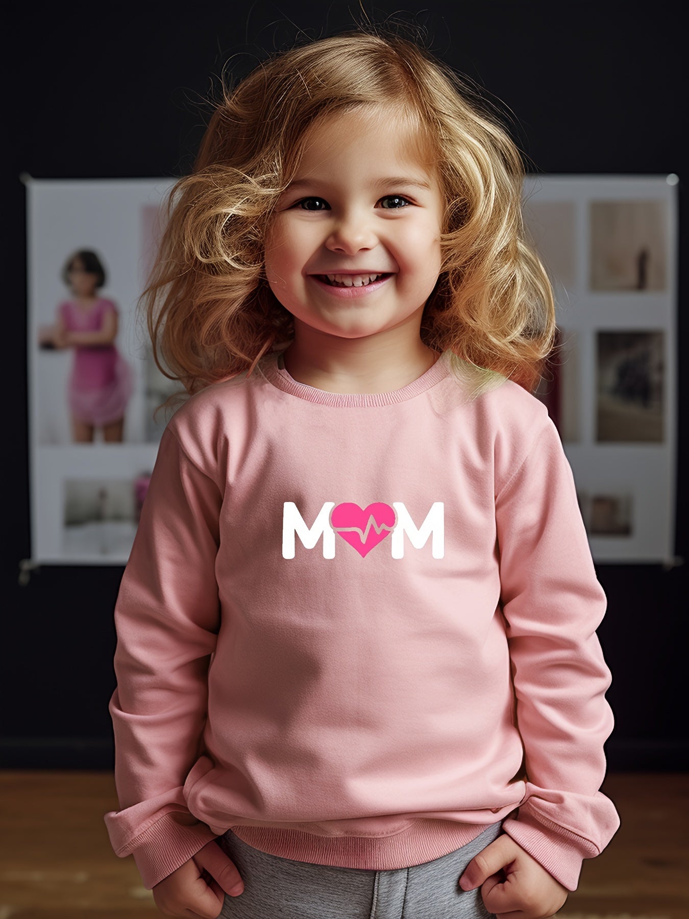 Girls Mom Pattern Crew Neck Long Sleeve Sweatshirt