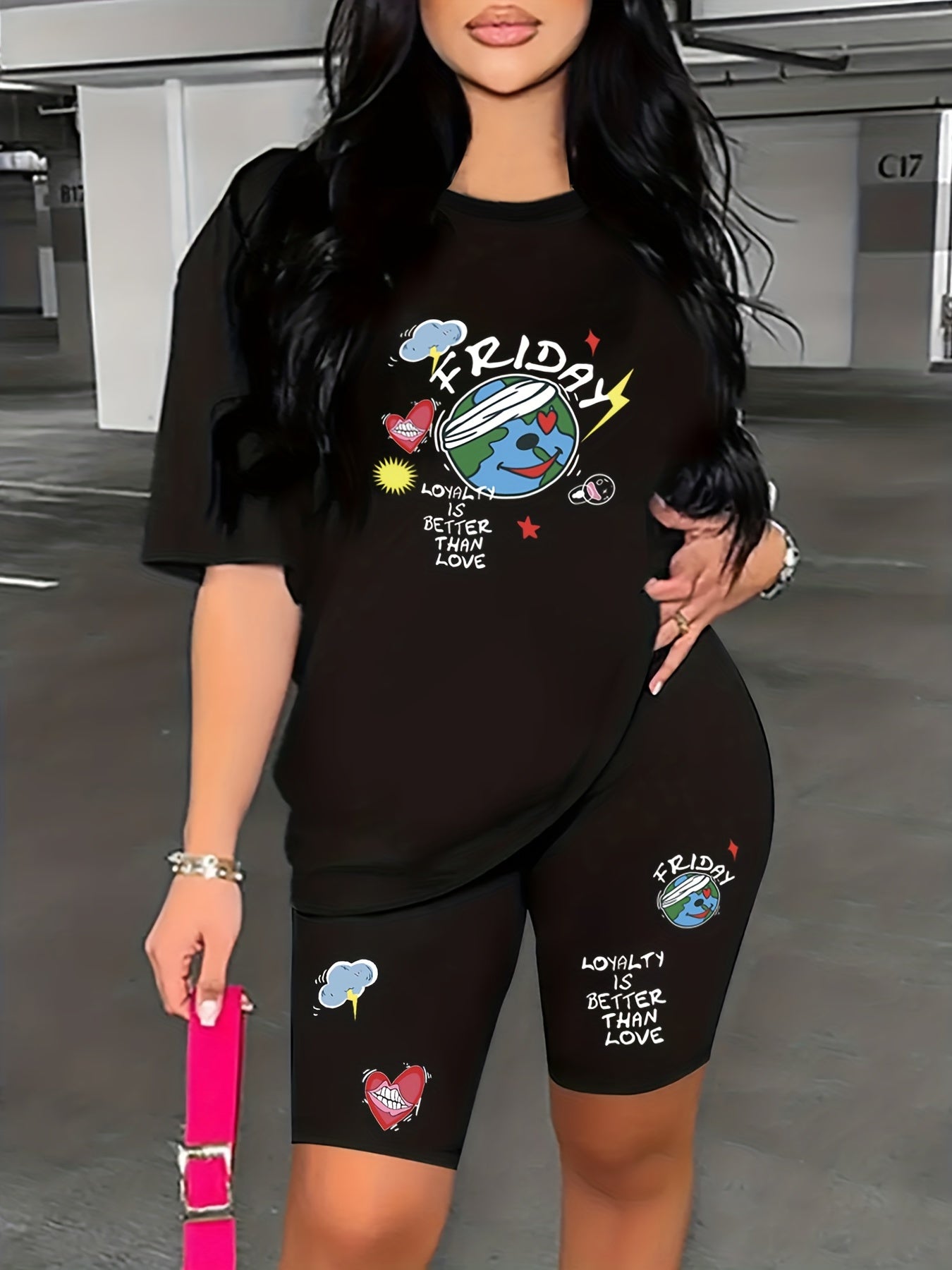 Cartoon Print Casual Two-piece Set Tee & Shorts Outfit