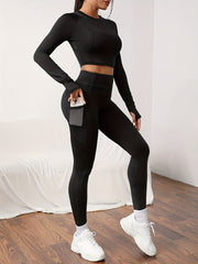 Yoga Crop Top & Leggings Set with Pocket, Activewear
