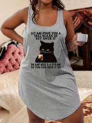 Cat & Slogan Print Nightdress Scoop Neck Stretch Tank Sleep Dress